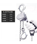 Heavy Duty Aluminum Hand Chain Hoist With Smoother Lever Mechanism For Tough Lifting Jobs And Heavy Loads Up To 0.25 Tons At 6 Meter Lift Height, shown in detail with chain and hook.
