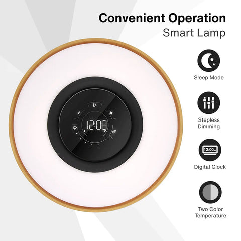 Top view of Bedside Lamp With 10W Wireless Charger And Bluetooth Speaker, Digital Clock, Stepless Dimming, Sleep Mode features.
