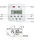 Dope Programmable Timer Switch For 12V DC And 120V AC, 16 Amp, 28 On And 28 Off Per Day, 1 Minute To 168 Hour Range, 15 Daily And Weekly Schedules, Perfect For Lights, Pumps, Home Automation, And Garage Projects. front view with display and buttons