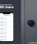 5 In 1 Fingerprint Smart Lock With Biometric Access, Black Finish, shown with app interface and numeric keypad on door
