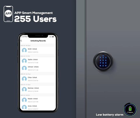 5 In 1 Fingerprint Smart Lock With Biometric Access, Black Finish, shown with app interface and numeric keypad on door