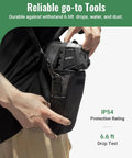 Person placing a tool with IP54 protection rating into a black carrying case, emphasizing water and dust resistance and durability.