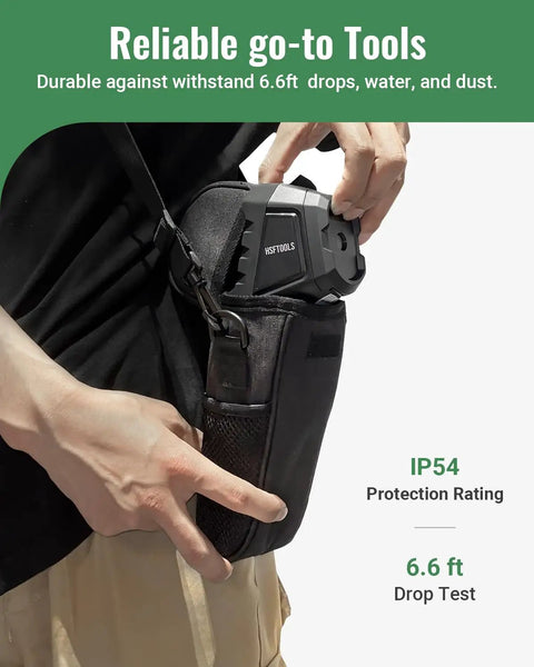 Person placing a tool with IP54 protection rating into a black carrying case, emphasizing water and dust resistance and durability.