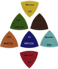 3 Inch Triangle Diamond Polishing Pads For Oscillating Multi Tools Set Of 7 Velcro Backed Wet Or Dry Use Electroplated Diamond Pads in various colors and grit levels, arranged in a triangle.