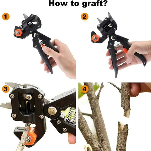 Pro Grade 2-In-1 Grafting And Pruning Tool With Replaceable Omega Cut V Cut And U Cut Blades SK5 Steel Durable ABS Handle In Black And Orange Heavy-Duty Pruner For Precise Grafts And Efficient Garden Pruning. grafting steps with hand-held pruner