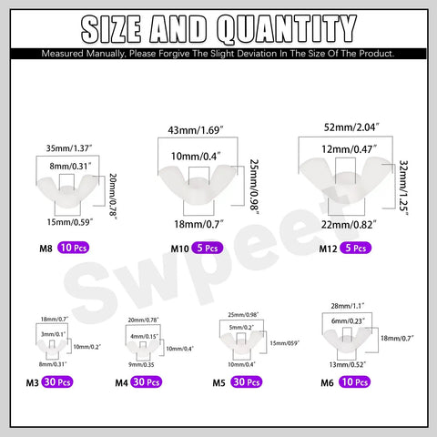 White Nylon Wing Nuts Assortment Kit With 110 Pieces And Seven Metric Sizes M3 M4 M5 M6 M8 M10 M12 size chart with dimensions.