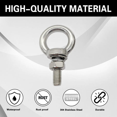 Heavy Duty Stainless Steel M4 Eye Bolts With Nuts And Washers For Rock Solid Hauling Rigging And Secure Load Attachment Tough As Nails Pack Of 12 Pro Hardware close-up of stainless steel eye bolt with nut.