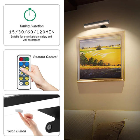 Hassle Free Wireless Picture Light With Remote Control And Adjustable Color Temperature Four Pack illuminating wall art with remote