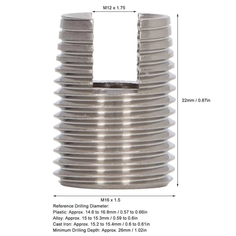 20Pcs Slotted Self Tapping Threaded Inserts Kit M16 By One Point Five 22mm Stainless Steel Helicoil Style Thread Repair For Cars And Trucks No Pre Tap Required High Tensile Strength Durable Fix, M16 x 1.5 insert size