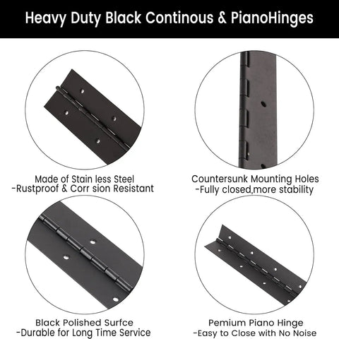 Heavy Duty Rock Solid 10 Inch Continuous Piano Hinges Built Tough From Premium Black Stainless Steel With Included Screws for cabinet doors and panel stability.