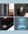 Close-up of Beefy 380L Electric Cigar Humidor handle, lock, cooling system, and Spanish cedar shelves in use.