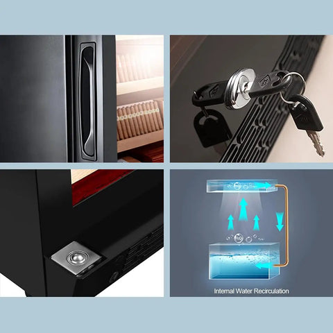 Close-up of Beefy 380L Electric Cigar Humidor handle, lock, cooling system, and Spanish cedar shelves in use.