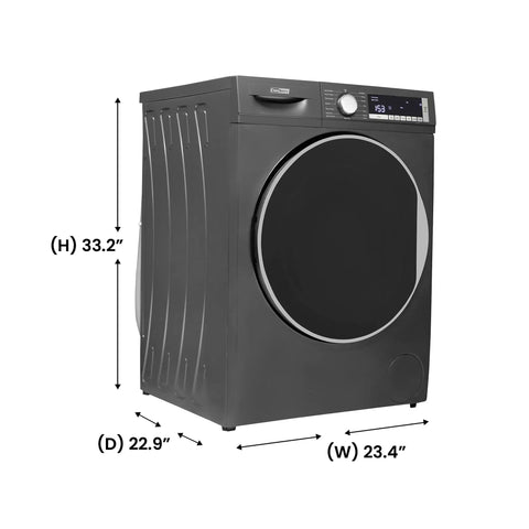 Killer Compact Washing Machine With 2.2 Cu Ft Auto Sense Water Level Detection 1400 Rpm Spin dimensions 33.2" H, 23.4" W, 22.9" D.