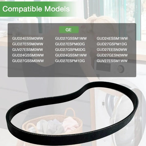 Upgraded WE12X27300 Washer Drive Belt For GE Clothes Washers Replaces 4587578 AP6328196 PS12342956 shown with compatible models