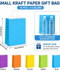 Image showing 15 Pcs Gift Bags With Handles Bulk Kraft Paper Bags For Gift Wrapping Party Favors And Small Gifts Perfect For Birthdays Valentines Christmas Craft Projects And Everyday Use in rainbow colors with size and use details.