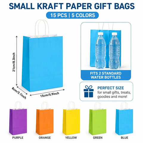 Image showing 15 Pcs Gift Bags With Handles Bulk Kraft Paper Bags For Gift Wrapping Party Favors And Small Gifts Perfect For Birthdays Valentines Christmas Craft Projects And Everyday Use in rainbow colors with size and use details.