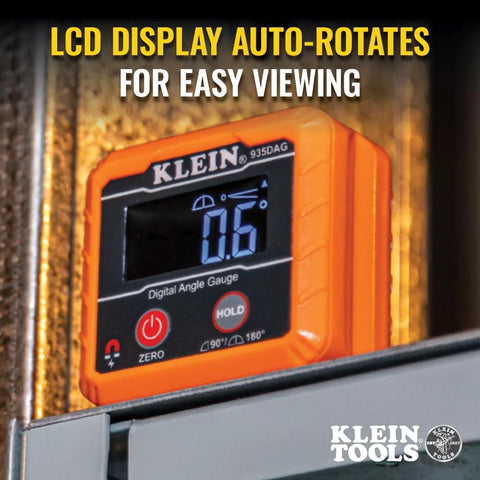 Klein Tools 935DAG digital angle gauge in orange with blue LCD readout
