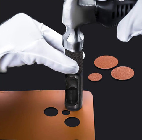 Close-up of 12 Piece Hollow Punch Set 1/8 To 3/4 Inch Built Tough Carbon Steel Leather Hole Punch Kit used on leather material