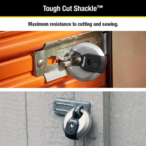 Beefed Up Stainless Steel Discus Lock With Tough Cut Boron Carbide Shackle securing orange storage unit and wooden door