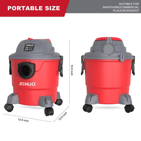 Red JIENUO 4 Gallon 5.5HP Wet Dry Shop Vacuum With Blower, 3 In 1 Portable Pro Grade Vacuum Cleaner, dimensions shown