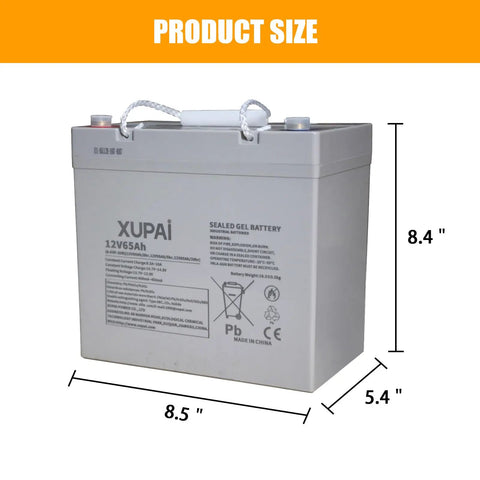 ApolloLift 12V 65Ah Lead Acid Battery For Electric Pallet Jack Truck Model A-1029 shown from side, dimensions 8.5 x 8.4 x 5.4 inches.