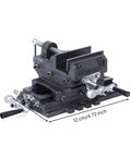 Luwecf 4 Inch Cast Iron Bench Vise With Cross Slide And Hand Cranks For Drill Press Machine, showing detailed structure and measurements.