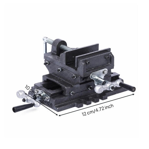 Luwecf 4 Inch Cast Iron Bench Vise With Cross Slide And Hand Cranks For Drill Press Machine, showing detailed structure and measurements.