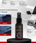Nano Car Scratch Remover Spray Kit 3 Pieces Quick Shine And Long Lasting Protective Coating next to before and after images of car scratches