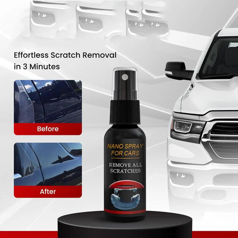 Nano Car Scratch Remover Spray Kit 3 Pieces Quick Shine And Long Lasting Protective Coating next to before and after images of car scratches