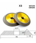 Top Tier 78mm X3 Sdc Cbn Grinding Machine Wheel For Alloy Milling Cutters And Drill Bits Precision Tool For Industrial Use Sharpening And Refurbishing Heavy Duty Performance showing two CBN grinding wheels with a technical diagram.
