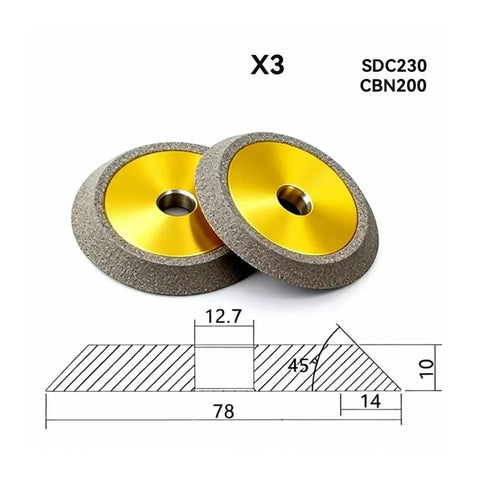 Top Tier 78mm X3 Sdc Cbn Grinding Machine Wheel For Alloy Milling Cutters And Drill Bits Precision Tool For Industrial Use Sharpening And Refurbishing Heavy Duty Performance showing two CBN grinding wheels with a technical diagram.