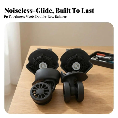 Game Changer Twin Roller Luggage Wheel Replacement Hub With Metal Ball Bearing Insert For Suitcase Repair, showing durable black wheels.