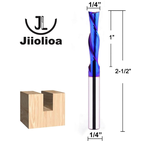 Spiral CNC Router Bit Down Cut Quarter Inch Shank Solid Carbide End Mill with Blue Nano Coated Finish for wood carving and engraving.