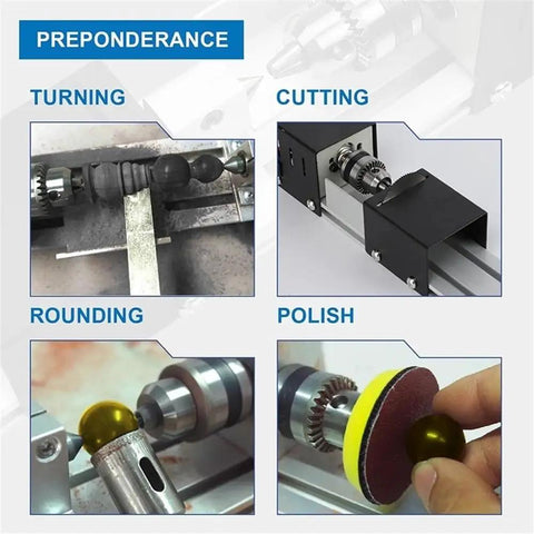Standard Mini Wood Lathe Machine For Carving Pearl Beads And Metals Includes Speed Control Power Supply 12-24V showing cutting and polishing methods.