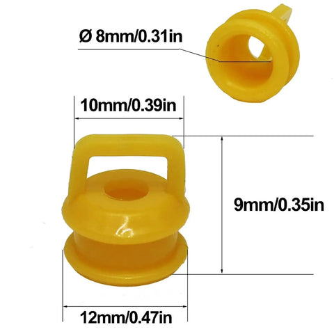 Shifter Cable Bushing Repair Kit Ten Piece Replacement For OEM 11612155 And 14104 detailed yellow bushing measurements.