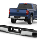 Rear chrome steel step bumper assembly for 2014–2018 Chevy Silverado and GMC Sierra 1500 without park sensor holes