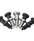 Dead On Accurate Rock Solid Grip Slick Stainless M10 To M20 Spring Loaded Indexing Plunger With Locking Nut For Jigs Fixtures Woodworking And Machine Shops, assorted angle views of stainless and black pins.