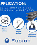 Diagram showing benefits of quenching oil for heat treating knife steel, featuring bright finish and low distortion.