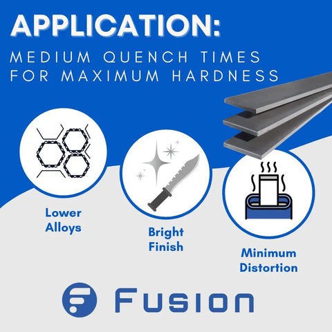 Diagram showing benefits of quenching oil for heat treating knife steel, featuring bright finish and low distortion.