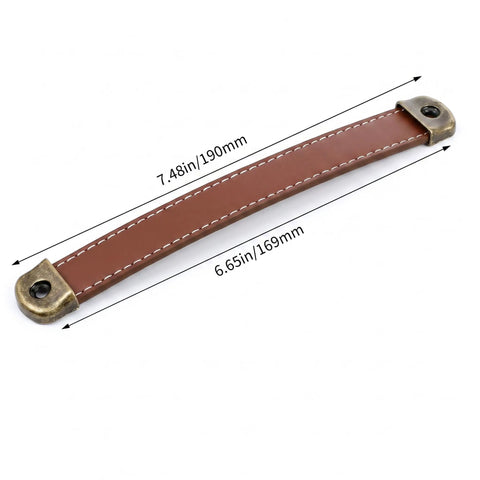4 Pack Real Leather Cabinet Handles With Screws, brown leather strap with stitching, modern rustic style, 7.48in long