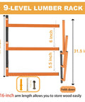 Dimensions and folding feature of Beefy 9 Level Wall Mount Wood Storage Rack With 1080 Lbs Capacity, Rugged Garage Shelving
