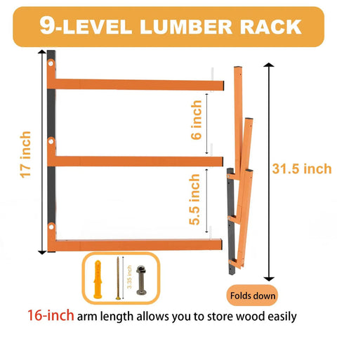 Dimensions and folding feature of Beefy 9 Level Wall Mount Wood Storage Rack With 1080 Lbs Capacity, Rugged Garage Shelving