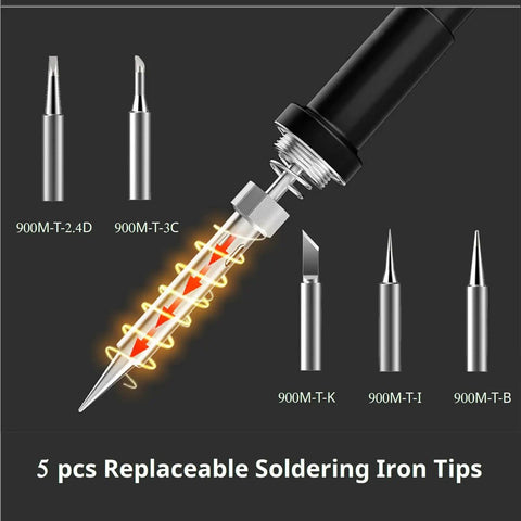 Close-up of 5 replaceable tips for Digital Soldering Station Kit With Helping Hands, 60W Power, and DIY Pro Calibration