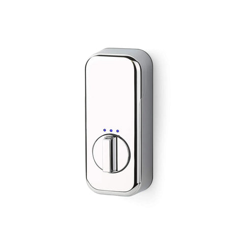 Motorized Touchscreen Smart Deadbolt With Wifi Enabled Keyless Entry Lock In Satin Nickel Finish And August Connected Security System, close-up view.