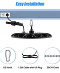 UFO High Bay LED Shop Light 6000K Daylight Bright Industrial Lighting with US Plug and 1.2 Meter Cable showing easy installation