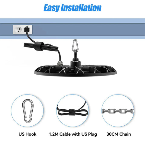 UFO High Bay LED Shop Light 6000K Daylight Bright Industrial Lighting with US Plug and 1.2 Meter Cable showing easy installation