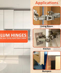 No Stress Setup Full Overlay Cabinet Hinges Bundle With Rock Solid Self Closing Mechanism Premium Nickel Finish shown in living room and kitchen applications.