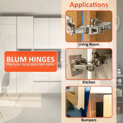 No Stress Setup Full Overlay Cabinet Hinges Bundle With Rock Solid Self Closing Mechanism Premium Nickel Finish shown in living room and kitchen applications.