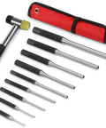 Roll Pin Punch Set With Storage Pouch, 9 Piece Steel Removal Tool Kit, knurled handles, bright orange pouch displayed