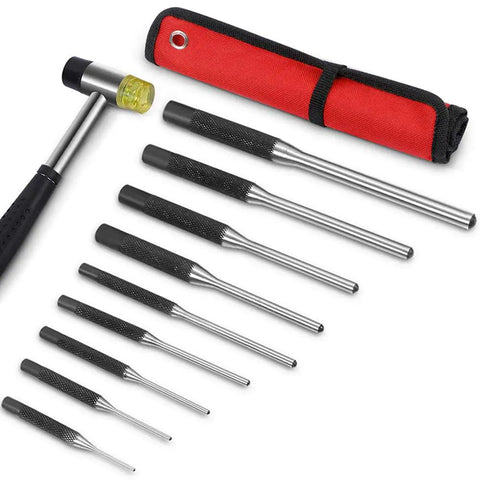 Roll Pin Punch Set With Storage Pouch, 9 Piece Steel Removal Tool Kit, knurled handles, bright orange pouch displayed